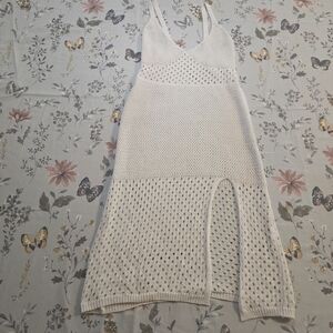 Boho Crochet Knit Sleeveless Dress Tunic White Festival Coastal Slit Hem Size S